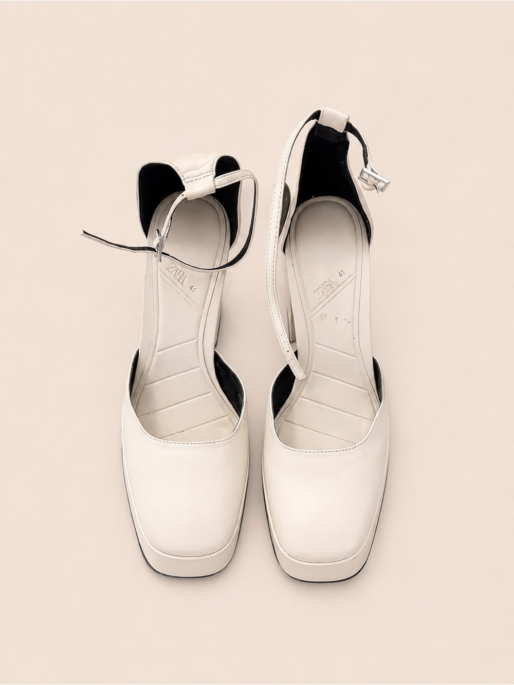Zara Cream Square-Toe Ankle-Strap Block Heels